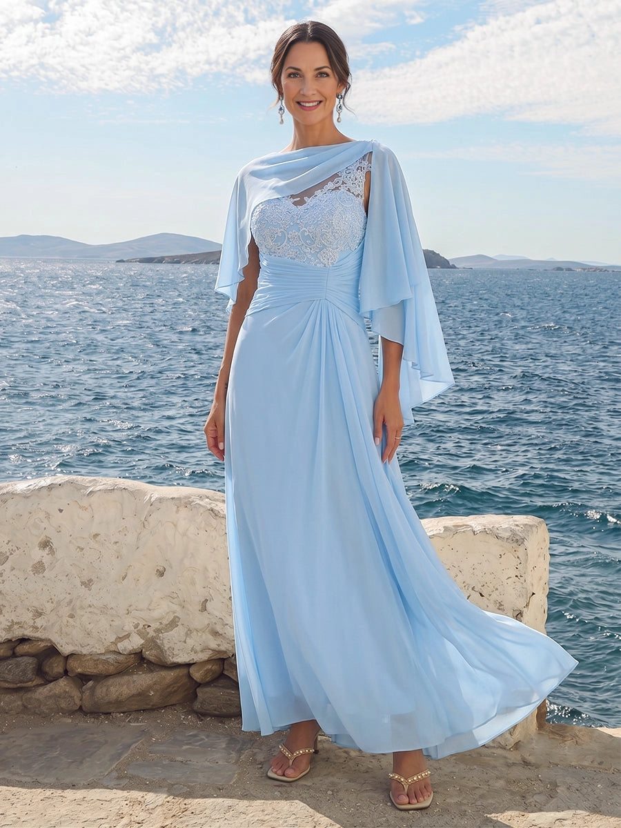 Light blue chiffon cape sleeve mother of the bride dress,lace bodice,ruched waist vedress