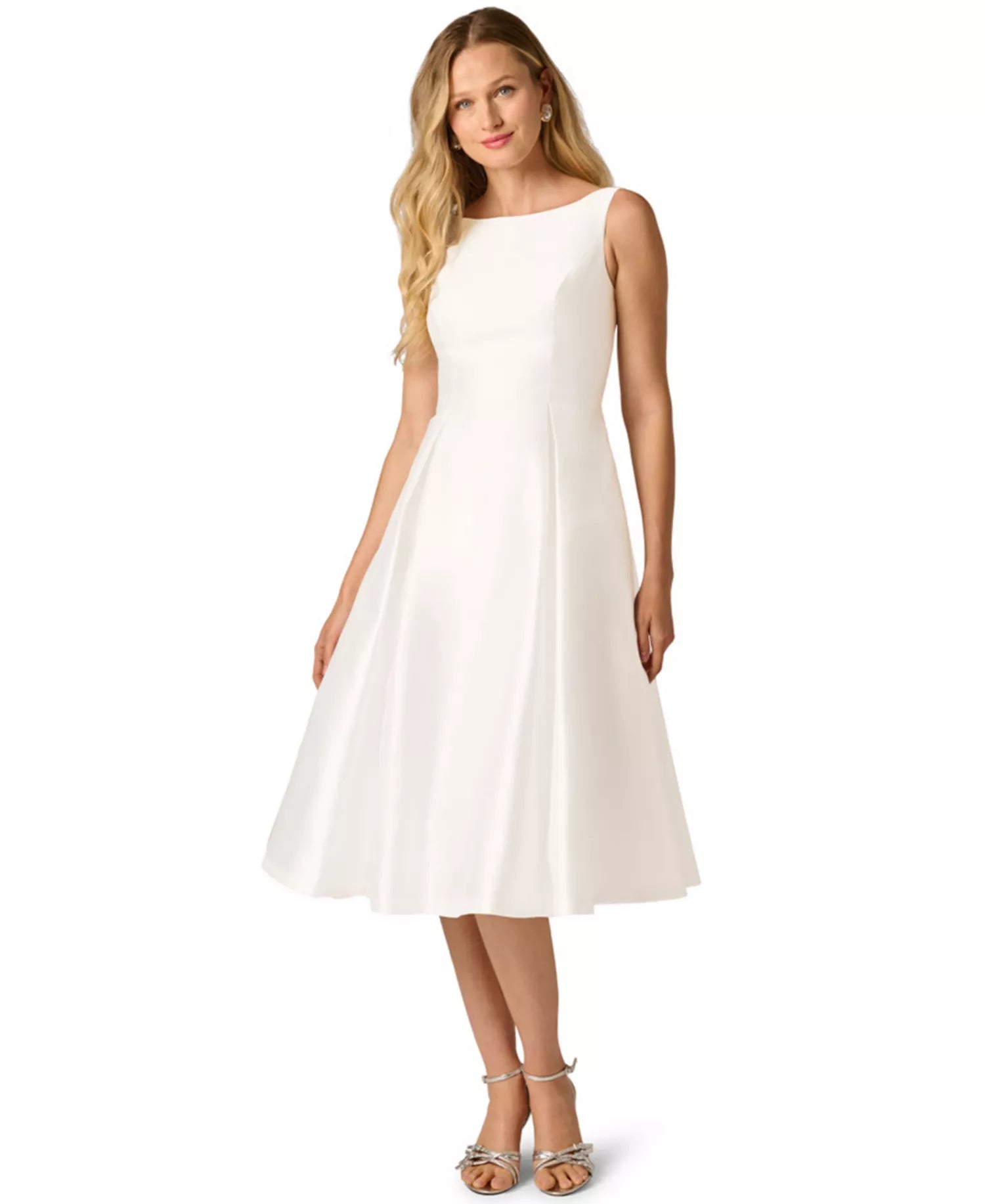 Elegant A-Line Bateau Neck Sleeveless Satin Wedding Guest Dress Midi Cocktail Dress with Pleat