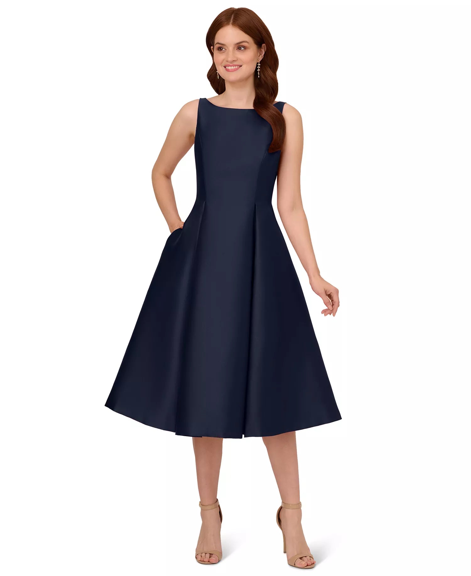 Elegant A-Line Bateau Neck Sleeveless Satin Wedding Guest Dress Midi Cocktail Dress with Pleat
