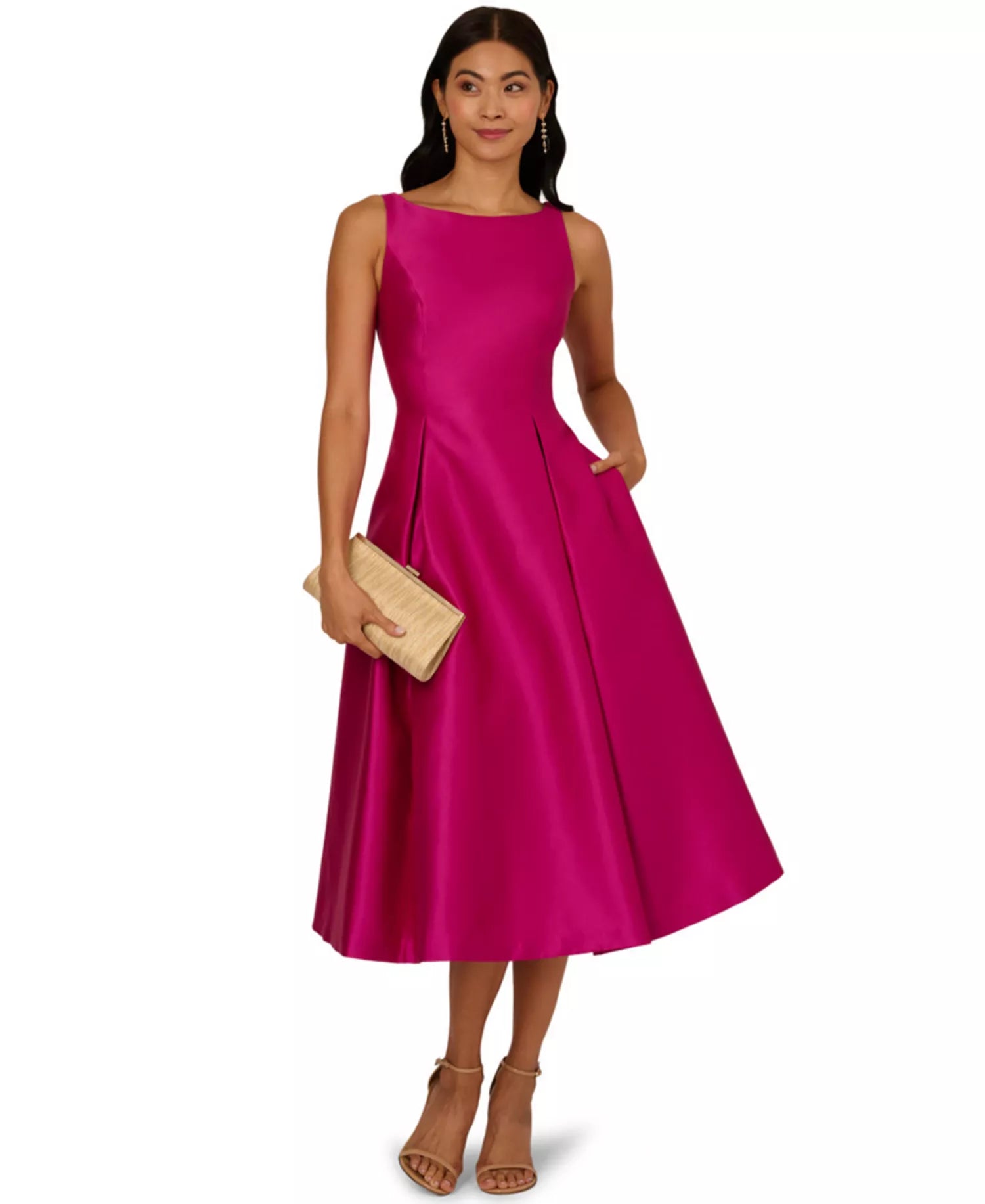 Elegant A-Line Bateau Neck Sleeveless Satin Wedding Guest Dress Midi Cocktail Dress with Pleat