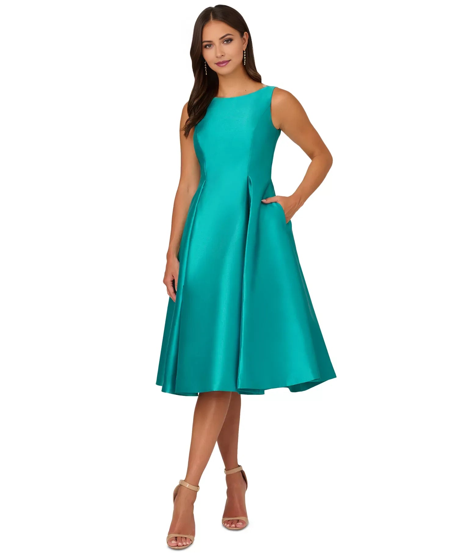 Elegant A-Line Bateau Neck Sleeveless Satin Wedding Guest Dress Midi Cocktail Dress with Pleat