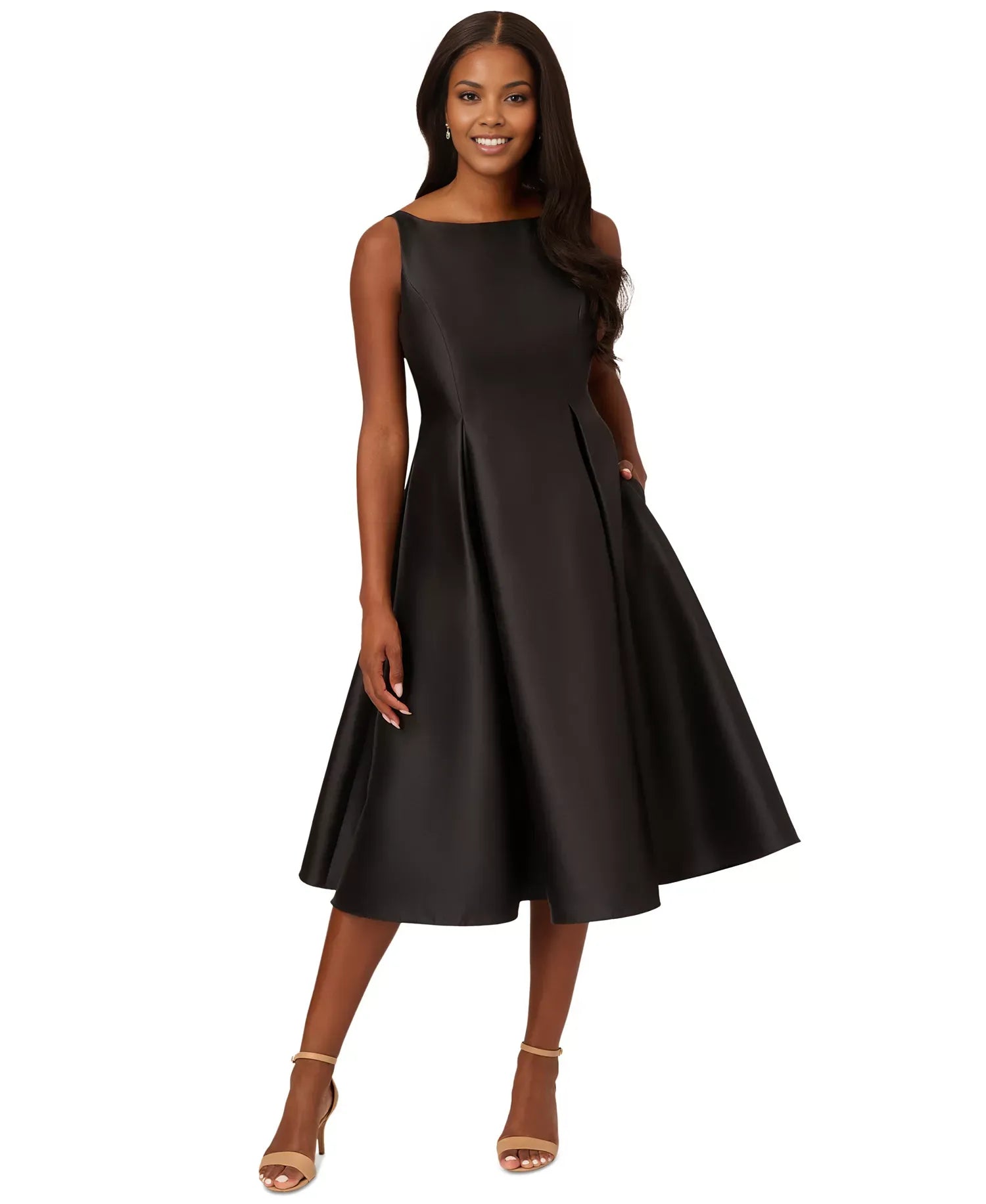 Elegant A-Line Bateau Neck Sleeveless Satin Wedding Guest Dress Midi Cocktail Dress with Pleat