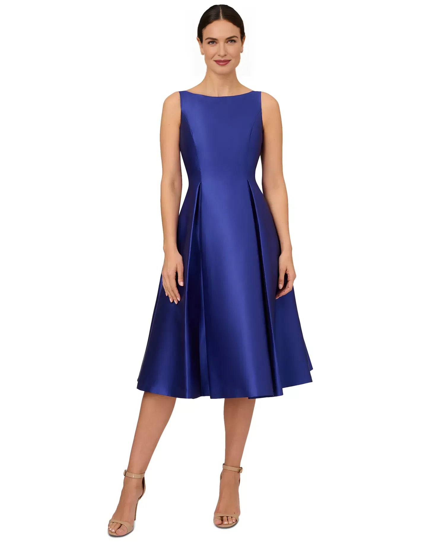 Elegant A-Line Bateau Neck Sleeveless Satin Wedding Guest Dress Midi Cocktail Dress with Pleat