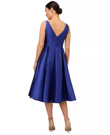 Elegant A-Line Bateau Neck Sleeveless Satin Wedding Guest Dress Midi Cocktail Dress with Pleat