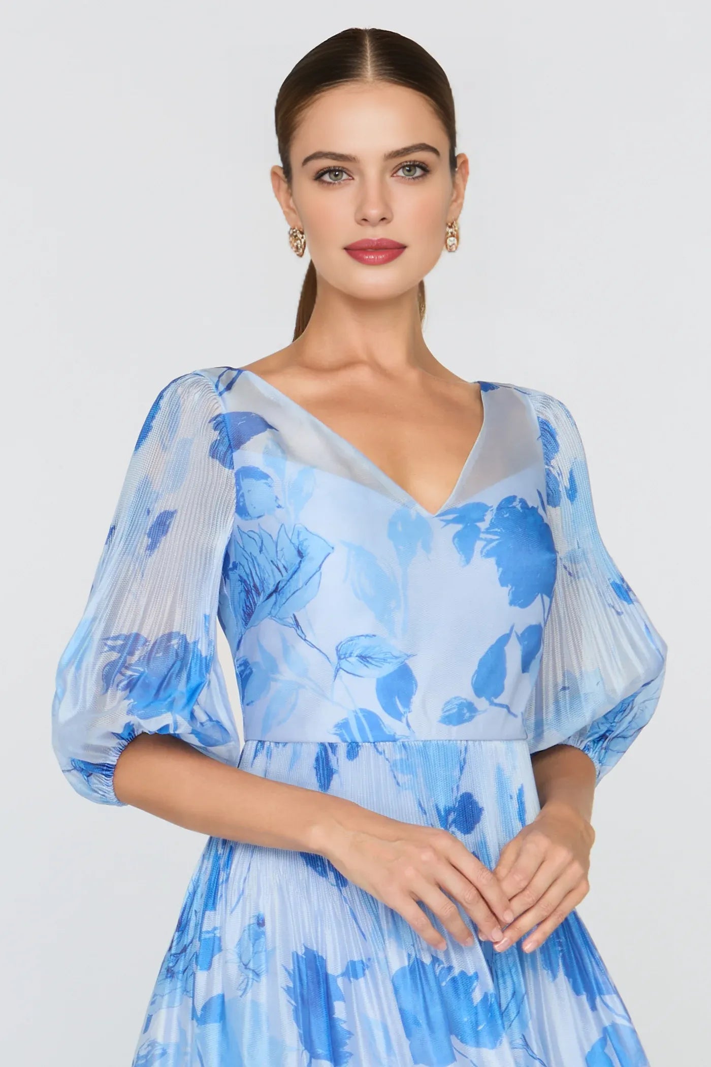 Refined Light Blue A-Line V-Neck Puff Sleeve Prom Dress Chiffon Floral Midi Dress