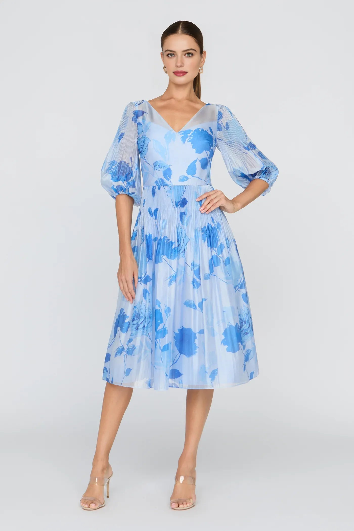 Refined Light Blue A-Line V-Neck Puff Sleeve Prom Dress Chiffon Floral Midi Dress