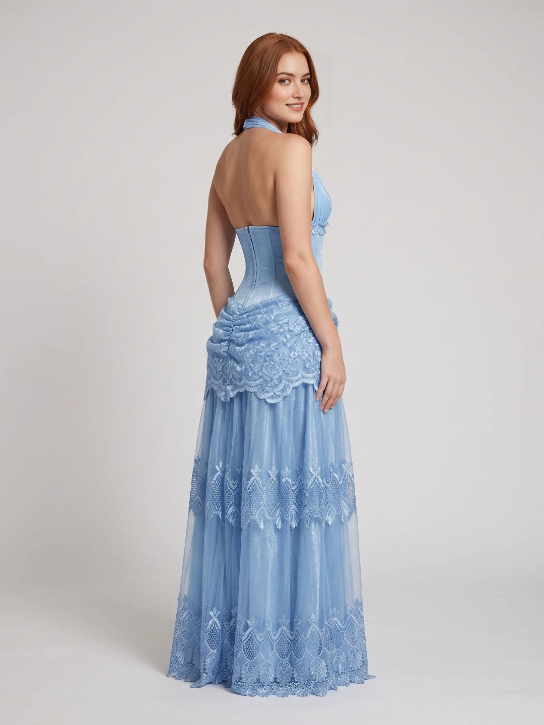 Back view of Vedress long tulle prom gown, corset bodice open‑back layered lace evening dress