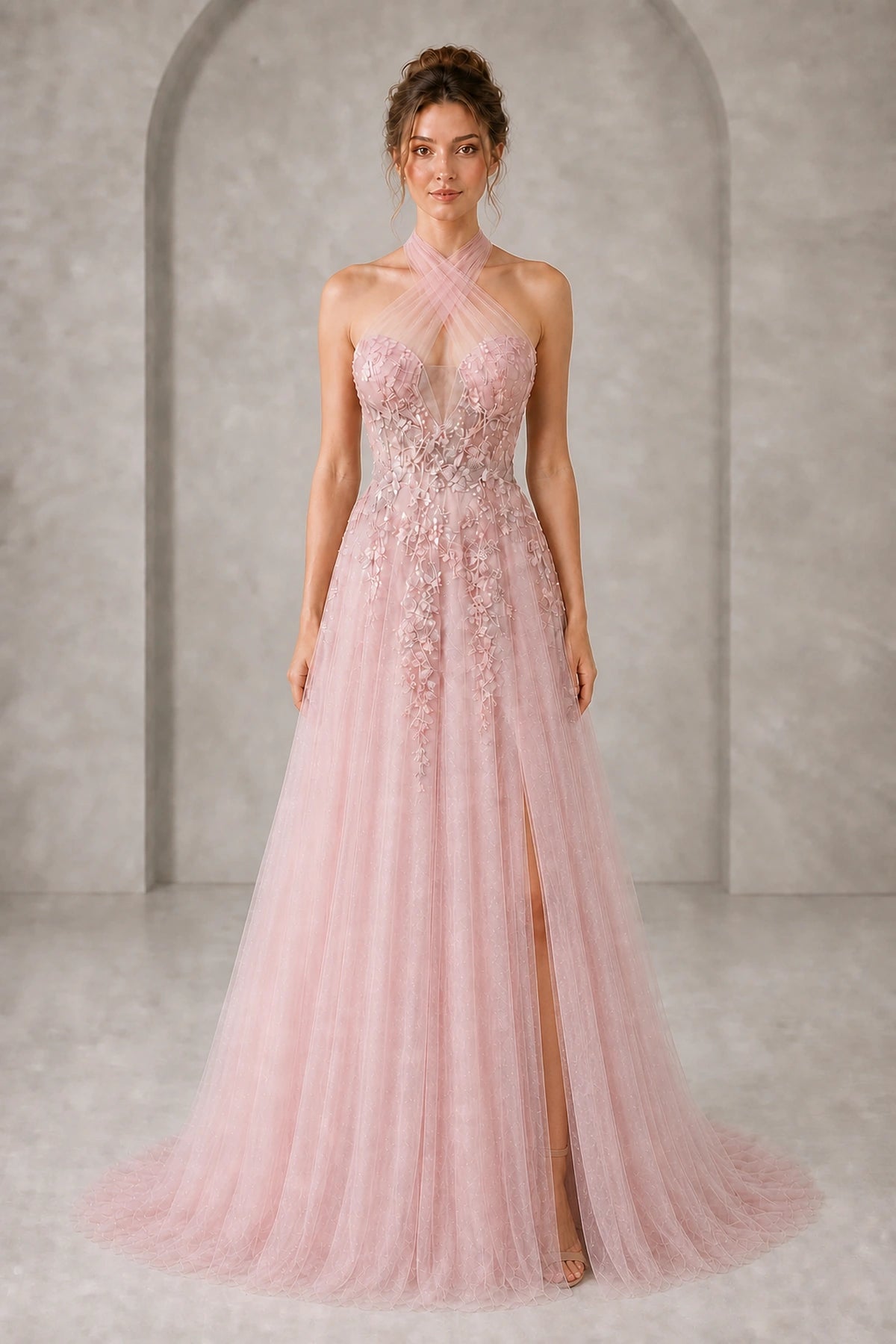Vedress pink a‑line prom dress,cross halter neck,3d floral appliques,high slit,sparkly tulle sweep train gown