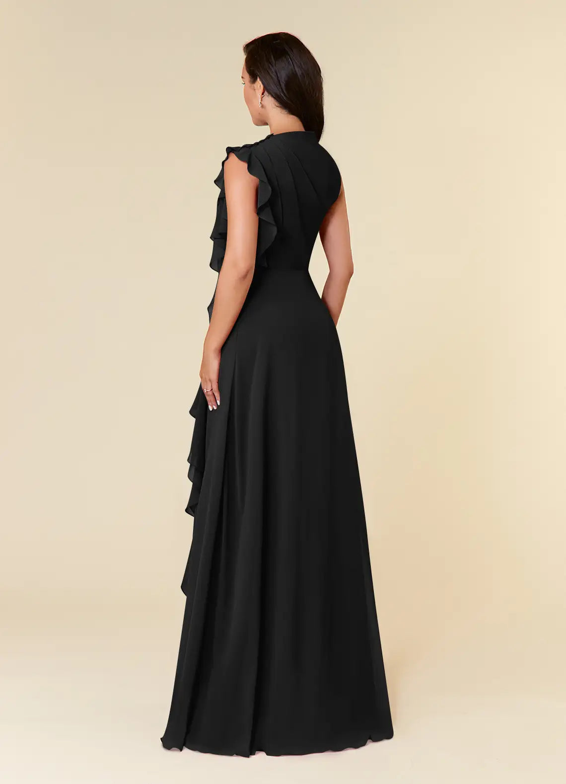 Elegant A-line High-neck Sleeveless Chiffon Wedding Guest Dress Cascading Ruffle Evening Bridesmaid Gown