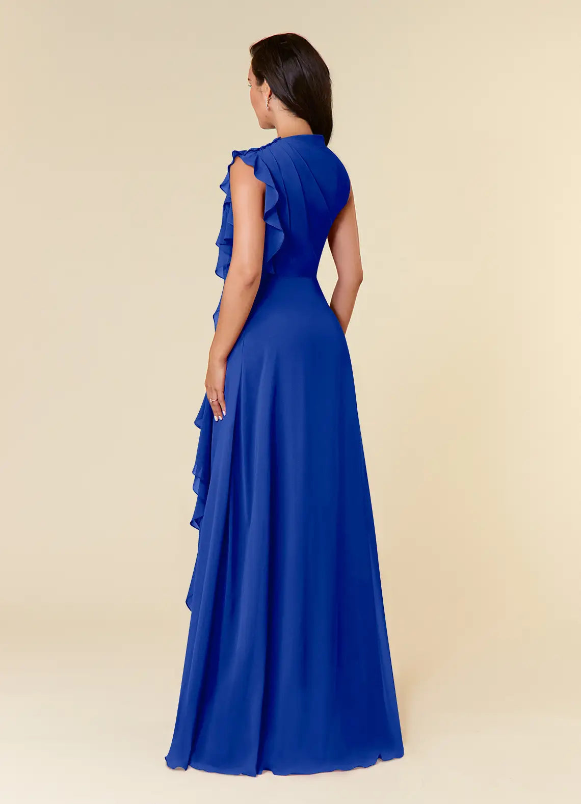 Elegant A-line High-neck Sleeveless Chiffon Wedding Guest Dress Cascading Ruffle Evening Bridesmaid Gown