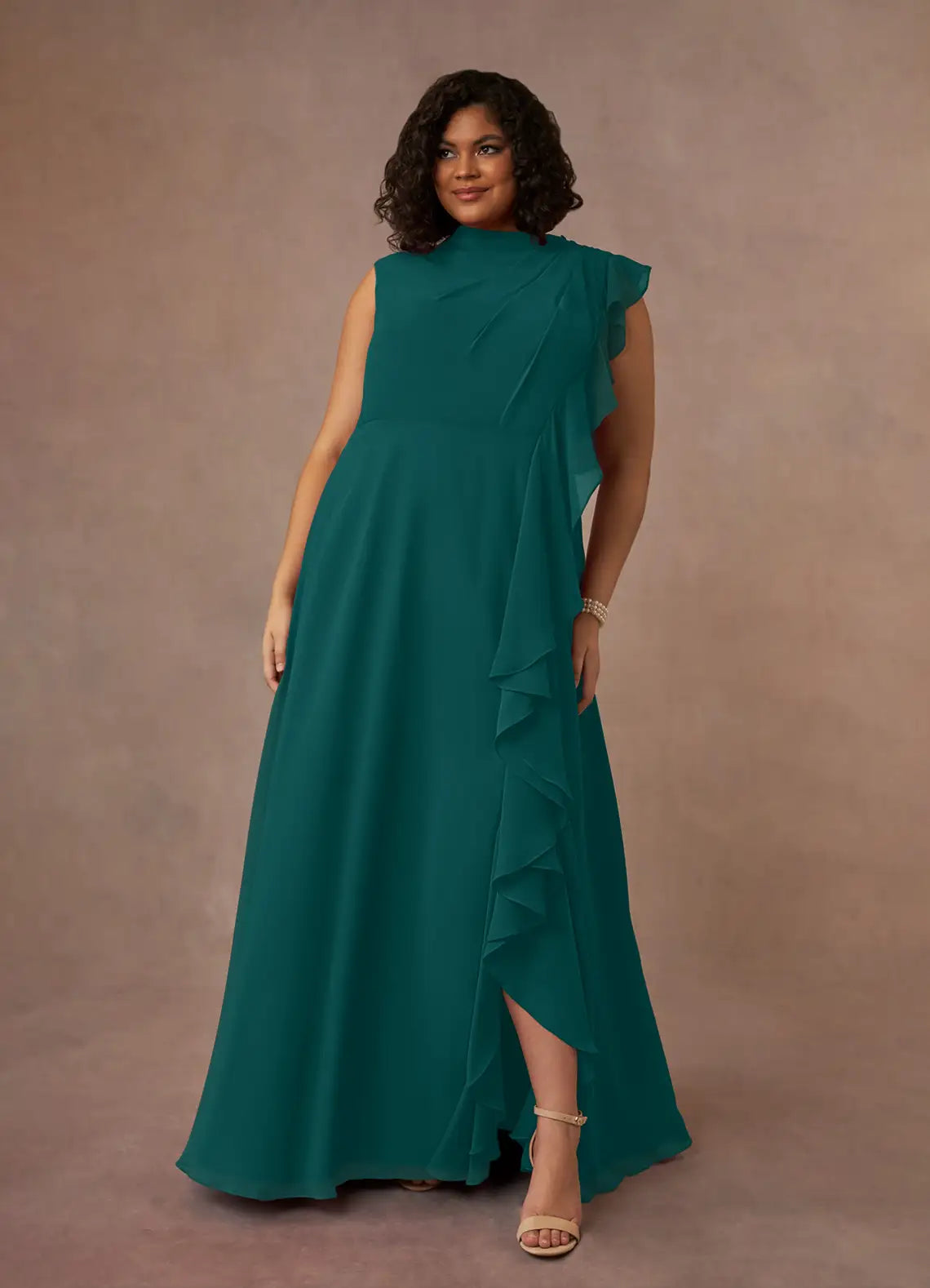 Elegant A-line High-neck Sleeveless Chiffon Wedding Guest Dress Cascading Ruffle Evening Bridesmaid Gown