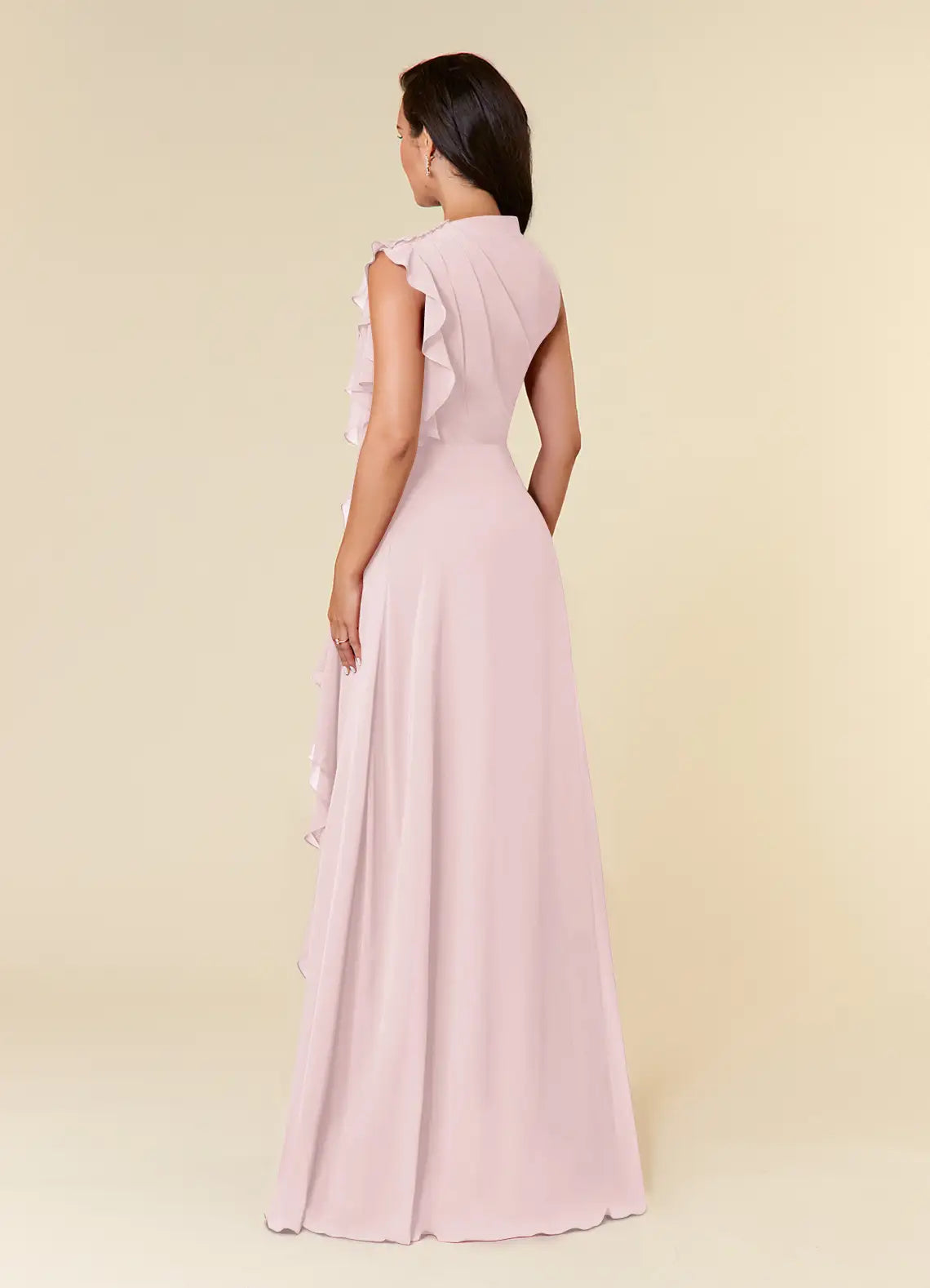 Elegant A-line High-neck Sleeveless Chiffon Wedding Guest Dress Cascading Ruffle Evening Bridesmaid Gown