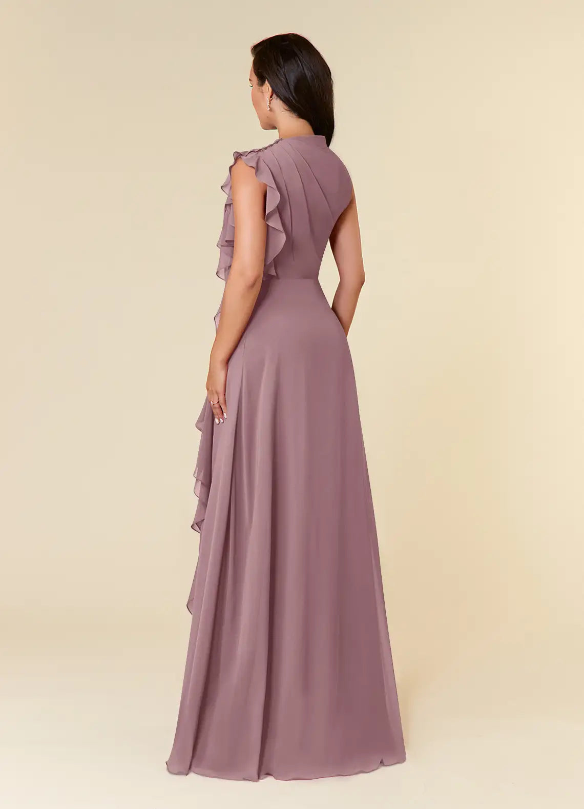 Elegant A-line High-neck Sleeveless Chiffon Wedding Guest Dress Cascading Ruffle Evening Bridesmaid Gown