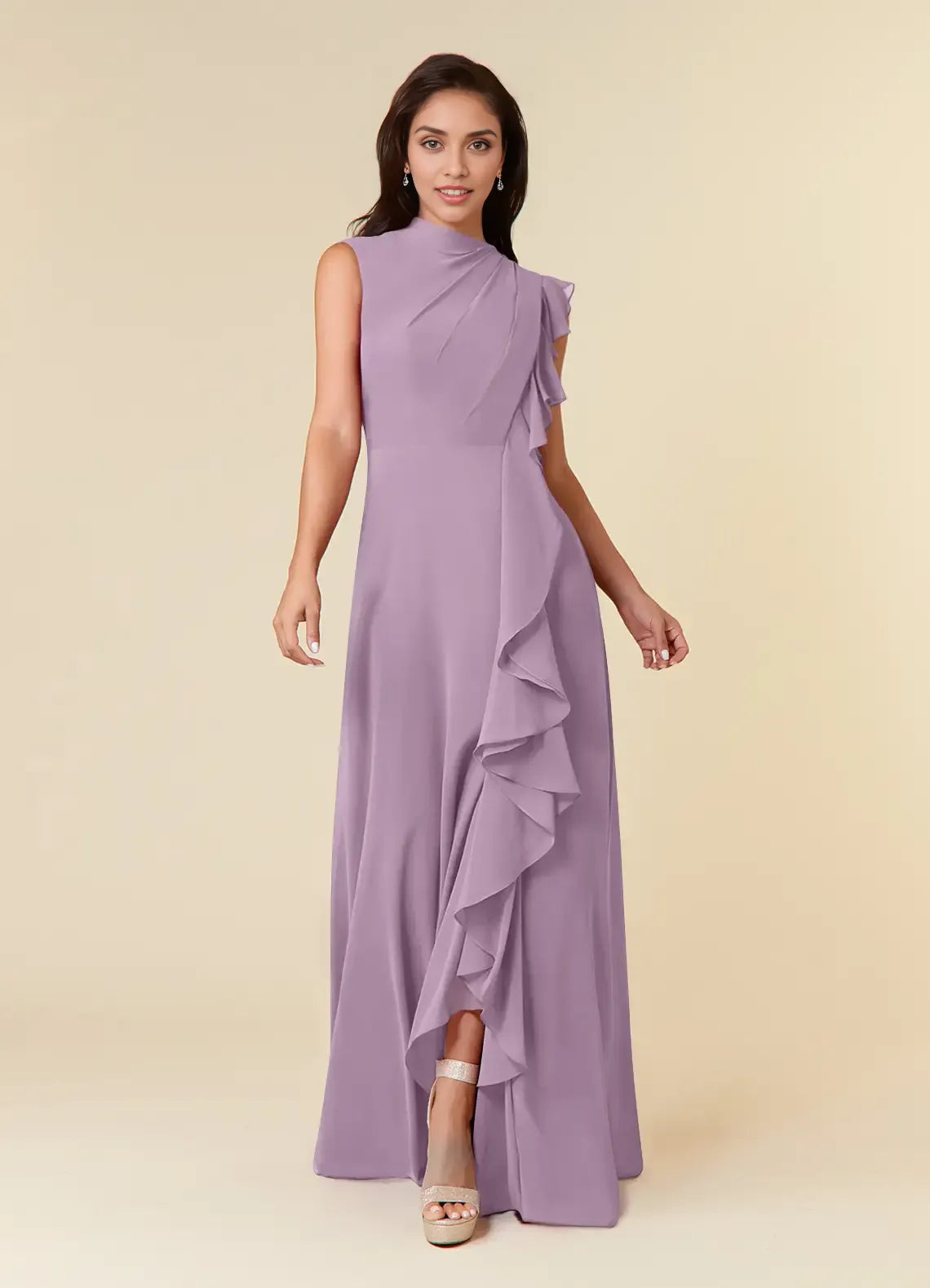 Elegant A-line High-neck Sleeveless Chiffon Wedding Guest Dress Cascading Ruffle Evening Bridesmaid Gown