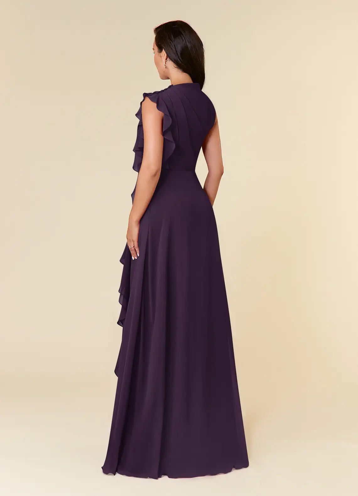 Elegant A-line High-neck Sleeveless Chiffon Wedding Guest Dress Cascading Ruffle Evening Bridesmaid Gown