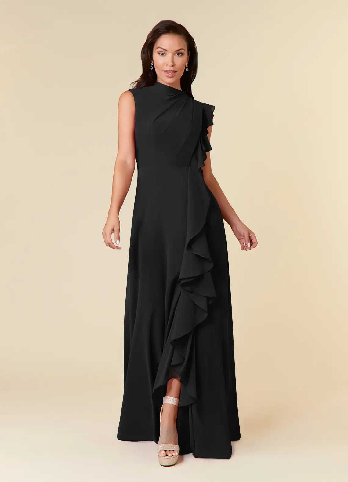 Elegant A-line High-neck Sleeveless Chiffon Wedding Guest Dress Cascading Ruffle Evening Bridesmaid Gown