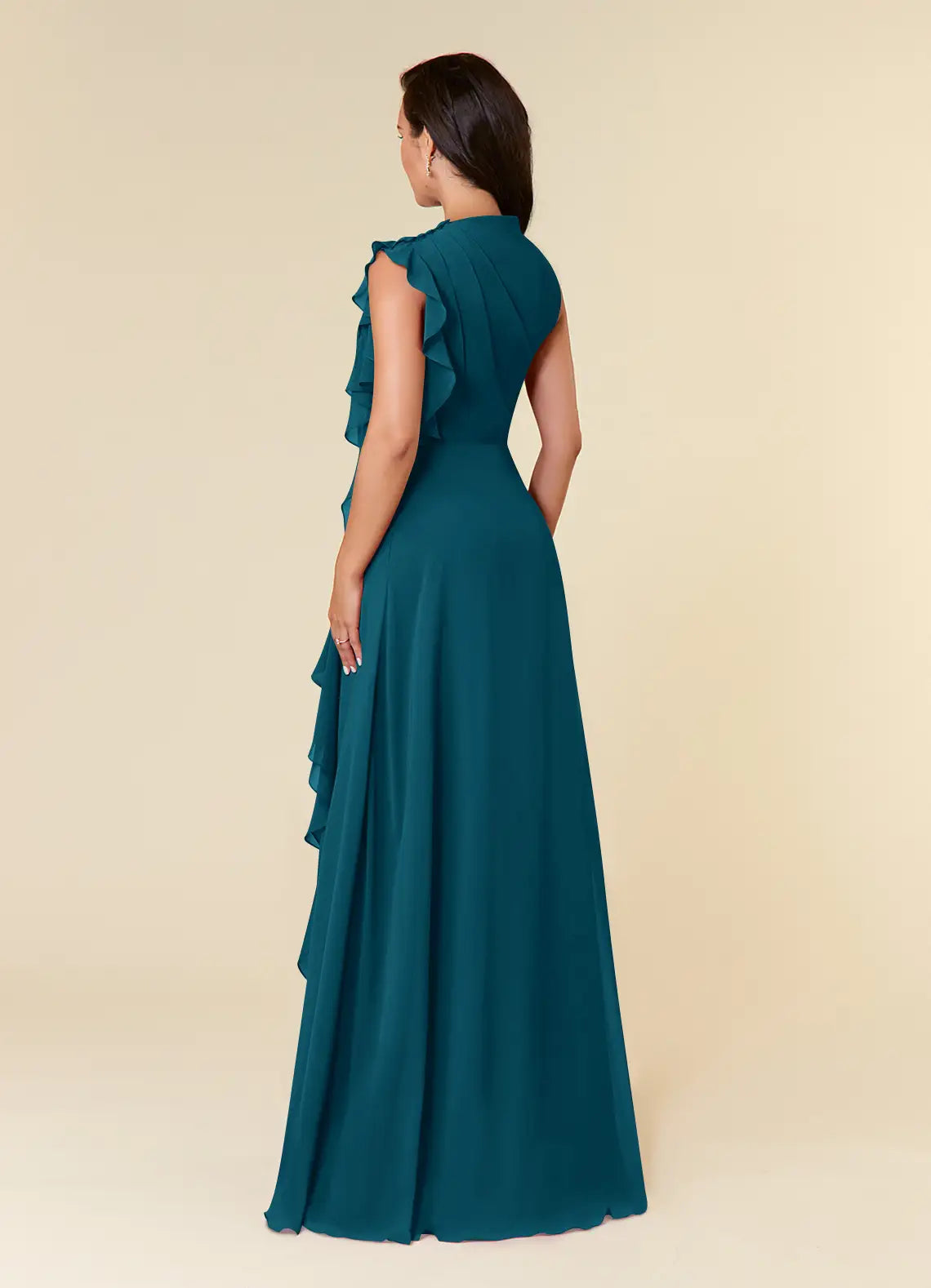 Elegant A-line High-neck Sleeveless Chiffon Wedding Guest Dress Cascading Ruffle Evening Bridesmaid Gown