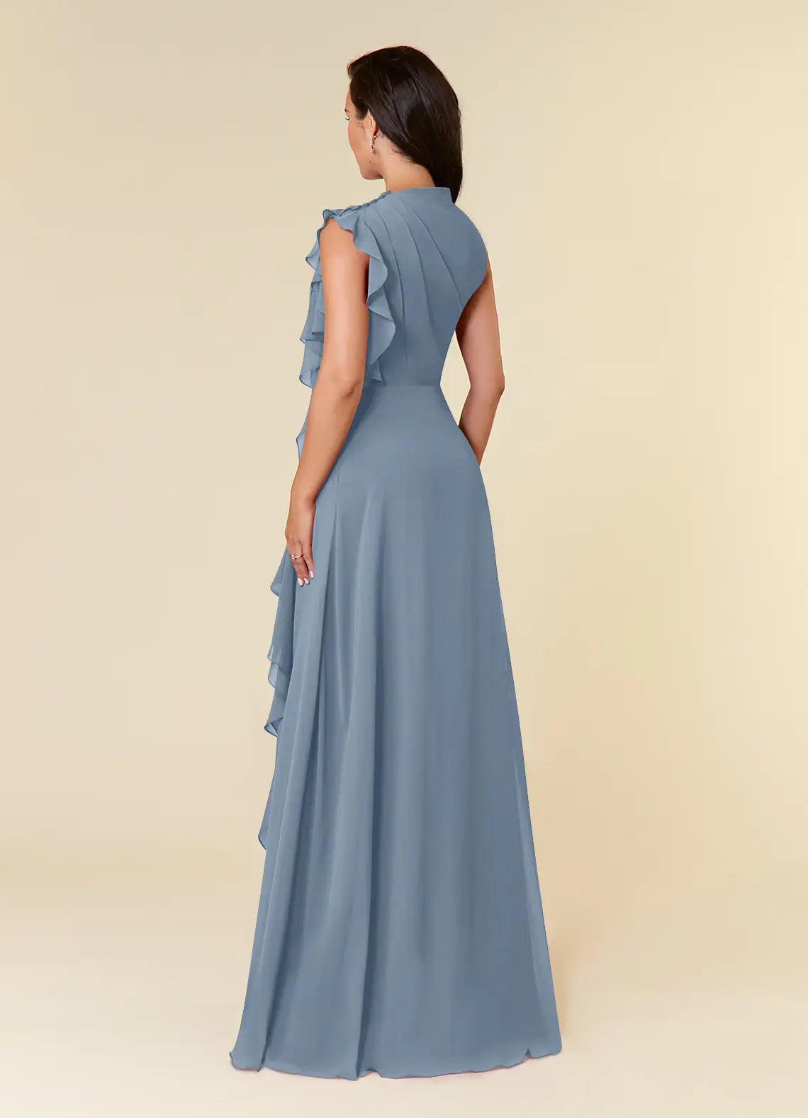 Elegant A-line High-neck Sleeveless Chiffon Wedding Guest Dress Cascading Ruffle Evening Bridesmaid Gown