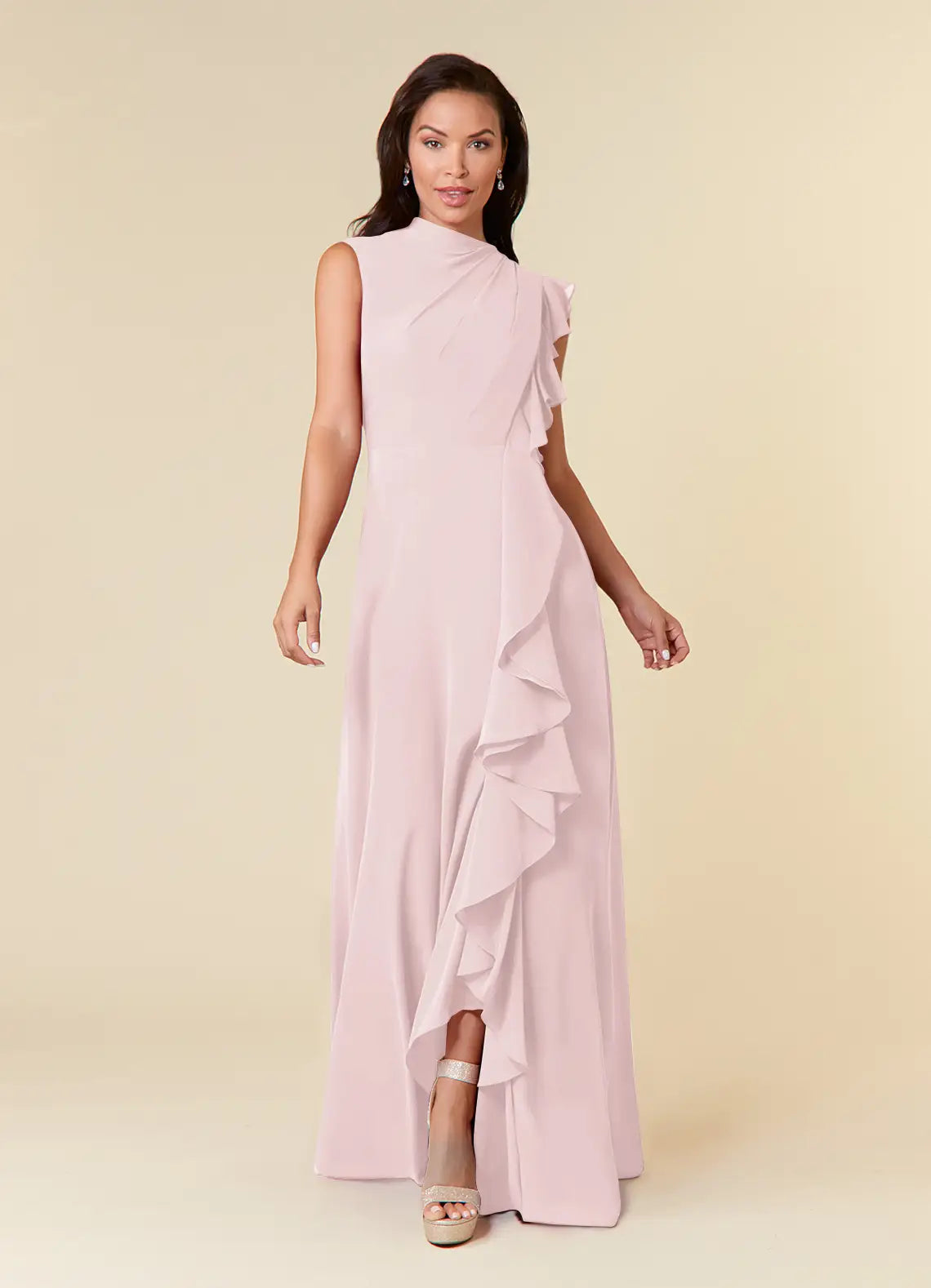 Elegant A-line High-neck Sleeveless Chiffon Wedding Guest Dress Cascading Ruffle Evening Bridesmaid Gown