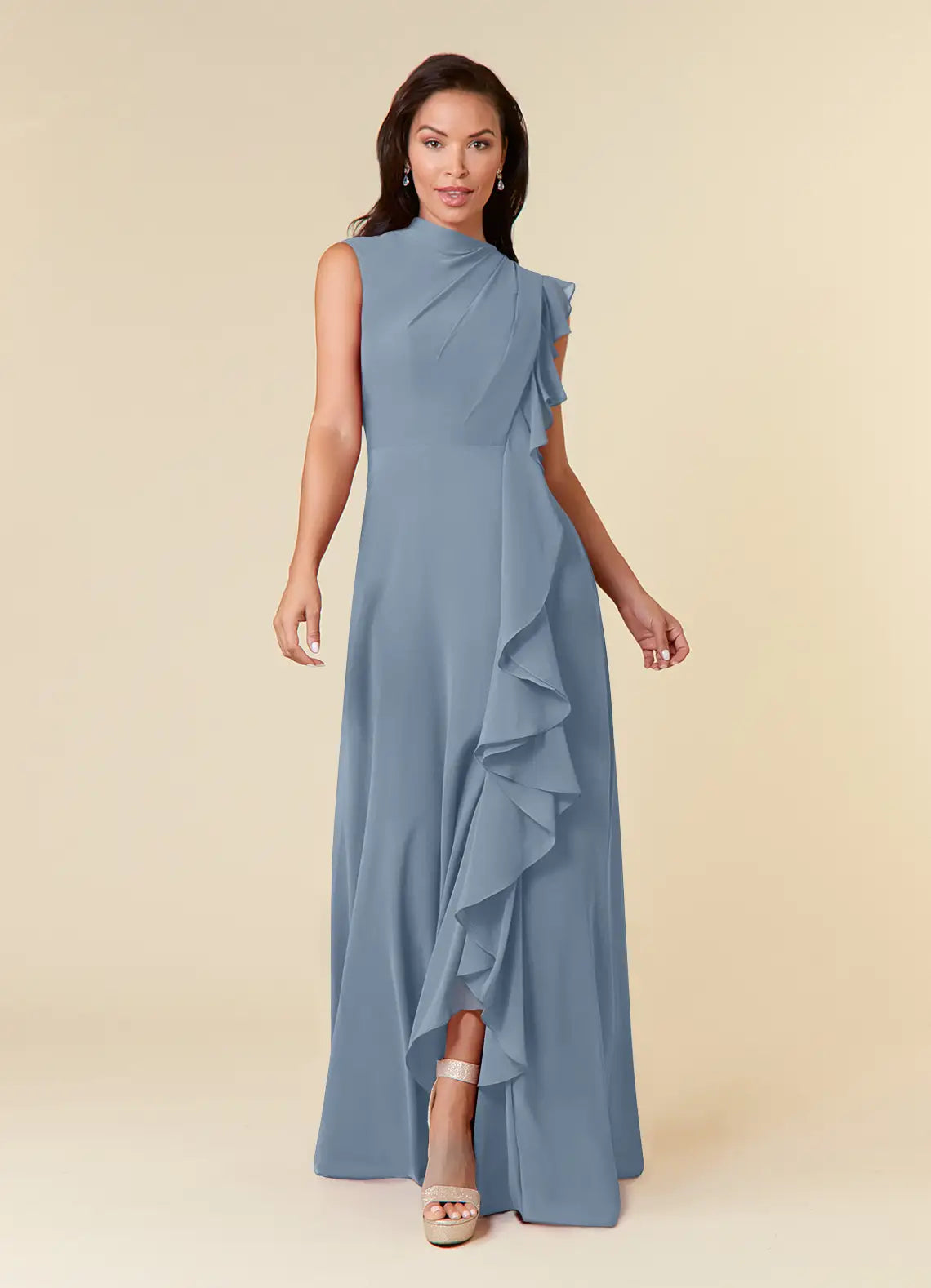 Elegant A-line High-neck Sleeveless Chiffon Wedding Guest Dress Cascading Ruffle Evening Bridesmaid Gown