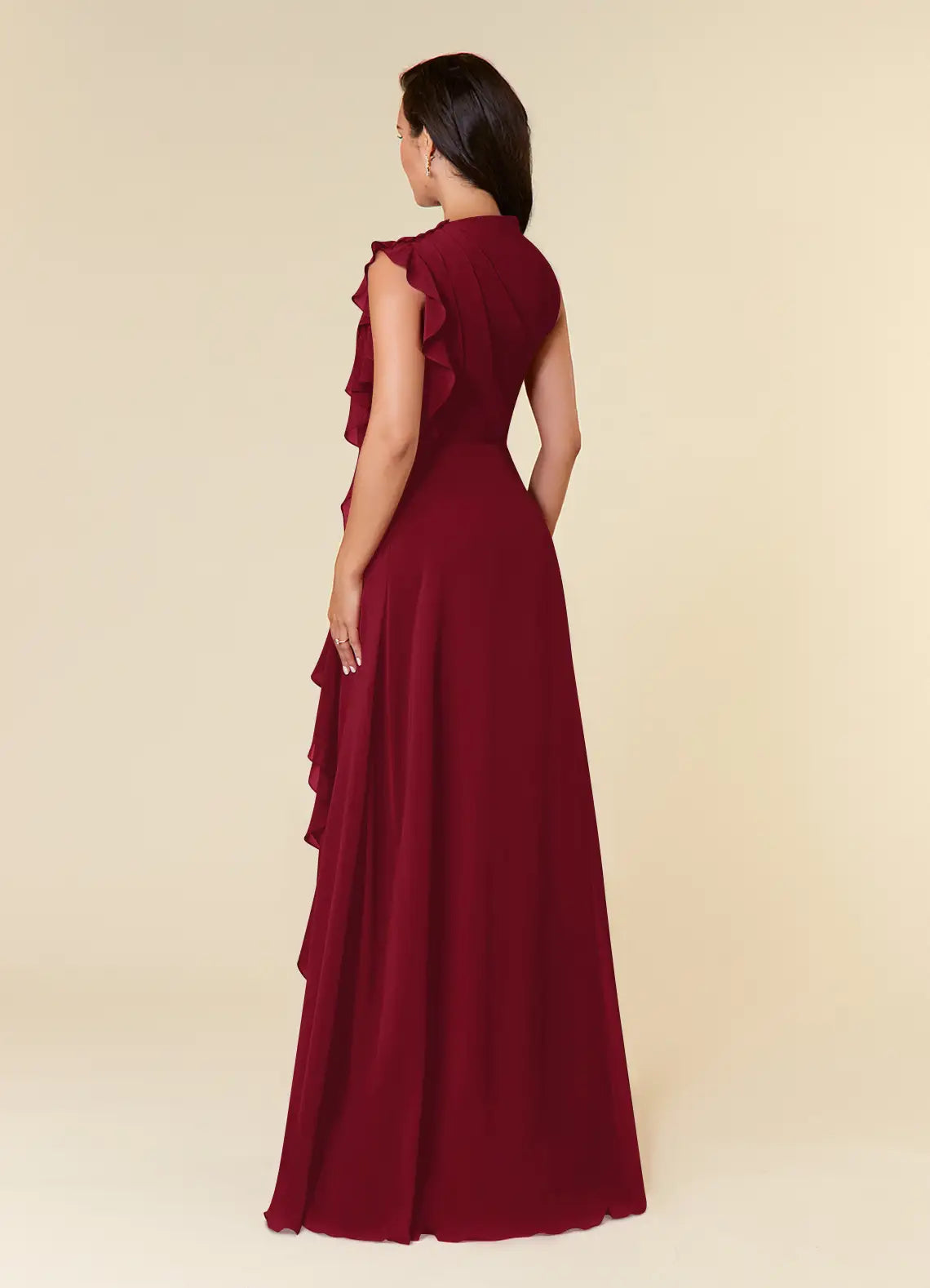 Elegant A-line High-neck Sleeveless Chiffon Wedding Guest Dress Cascading Ruffle Evening Bridesmaid Gown