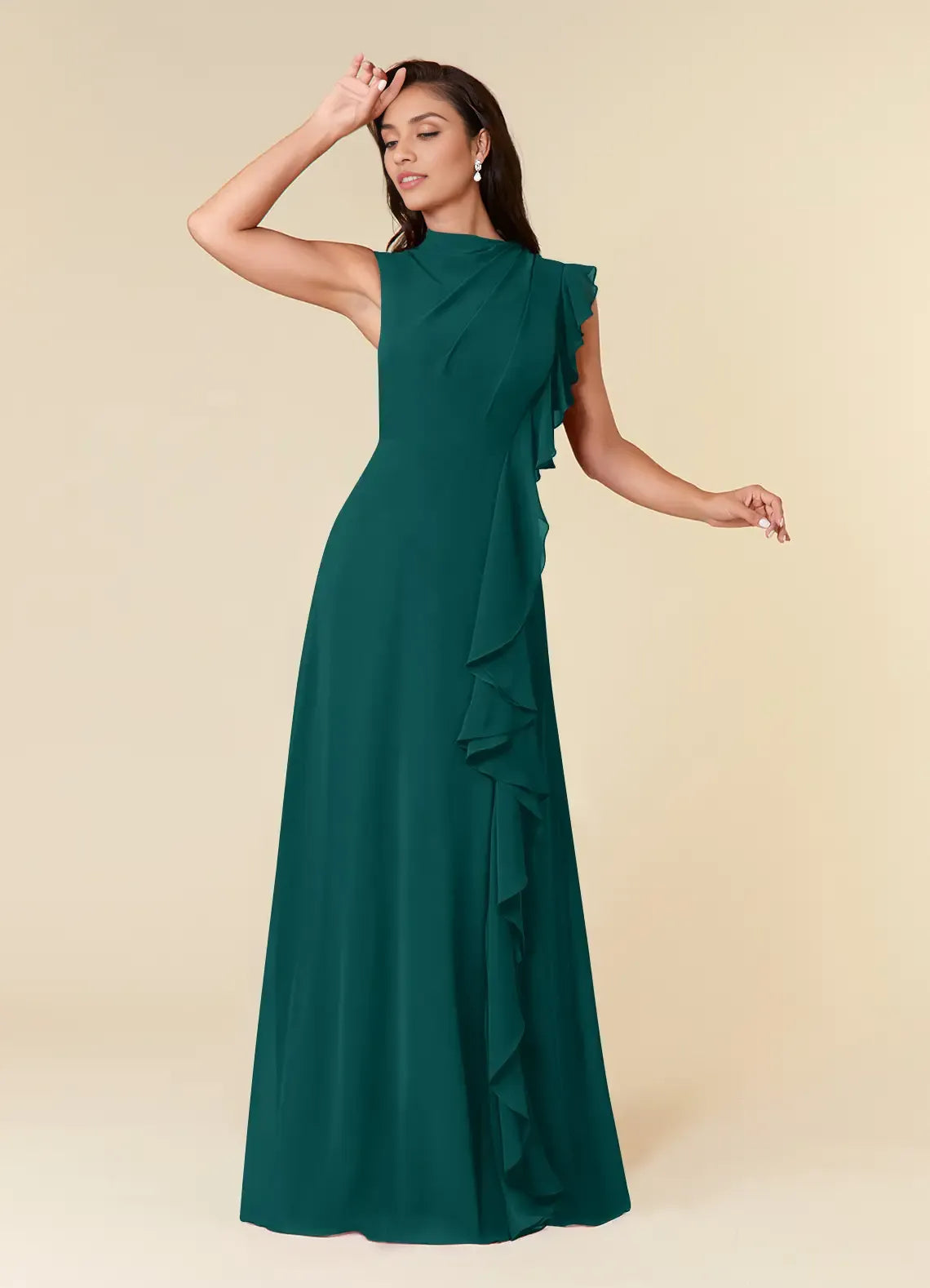 Elegant A-line High-neck Sleeveless Chiffon Wedding Guest Dress Cascading Ruffle Evening Bridesmaid Gown