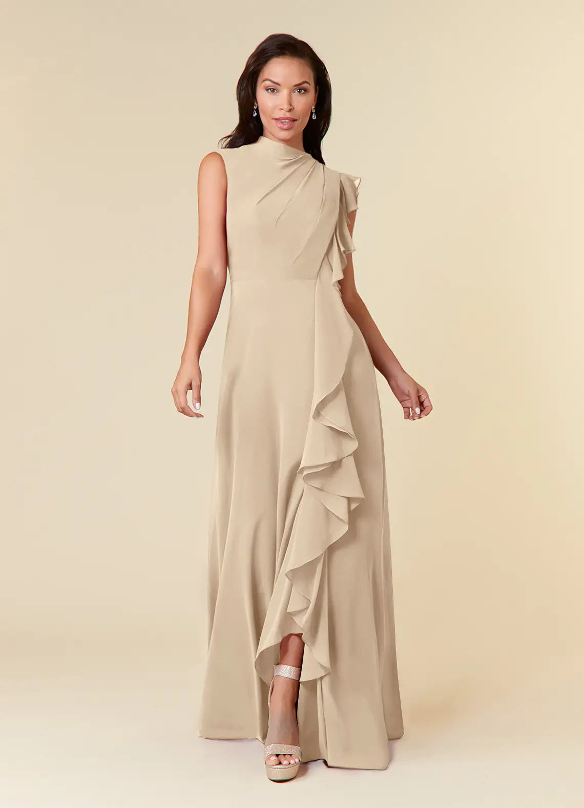 Elegant A-line High-neck Sleeveless Chiffon Wedding Guest Dress Cascading Ruffle Evening Bridesmaid Gown