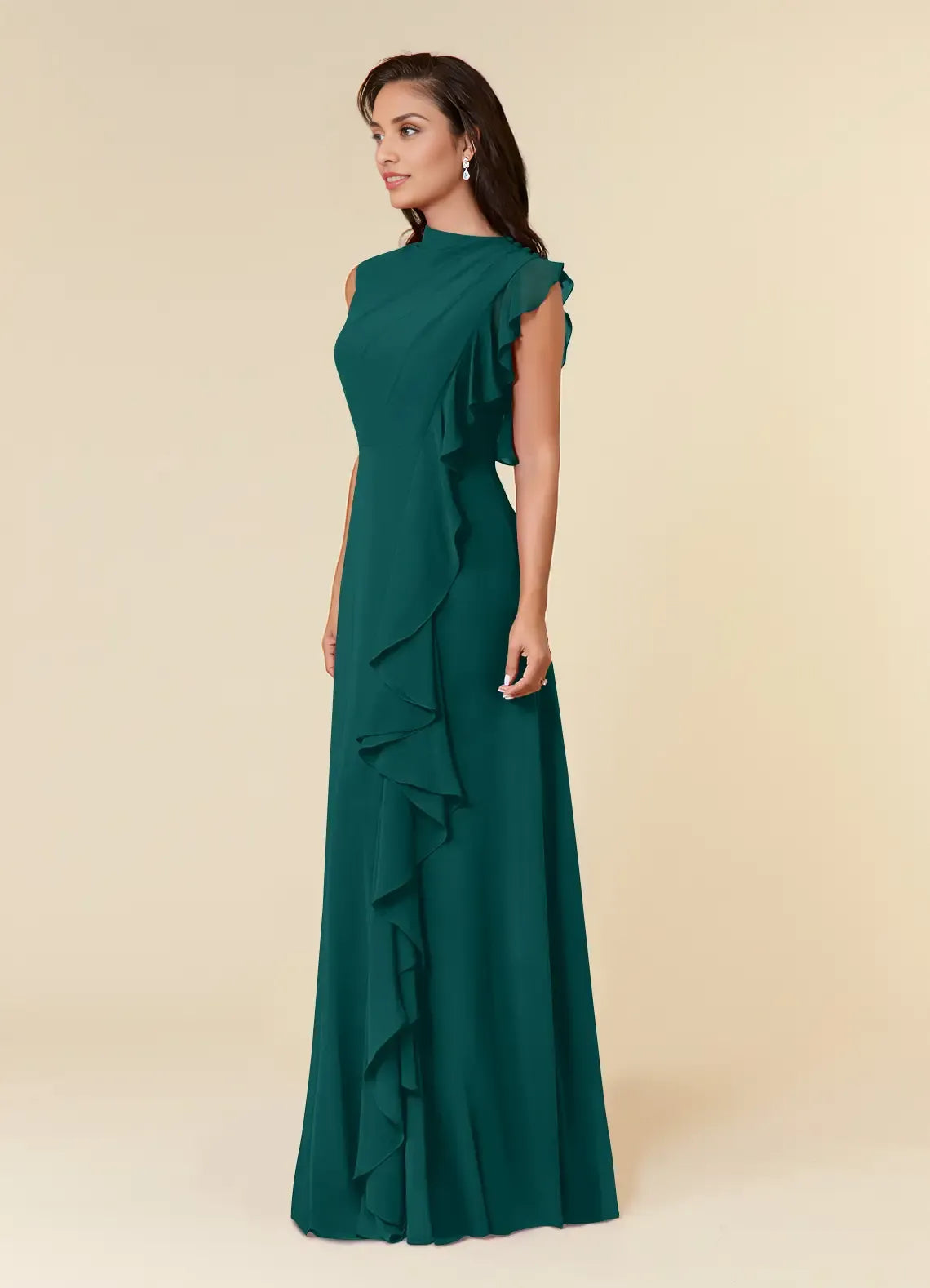 Elegant A-line High-neck Sleeveless Chiffon Wedding Guest Dress Cascading Ruffle Evening Bridesmaid Gown