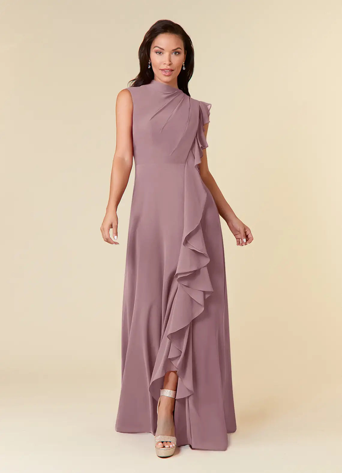 Elegant A-line High-neck Sleeveless Chiffon Wedding Guest Dress Cascading Ruffle Evening Bridesmaid Gown