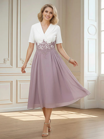 Elegant A-Line Lapel-V-Neck Short-Sleeve Chiffon Midi Lace-Waist Mother of the Bride Dress
