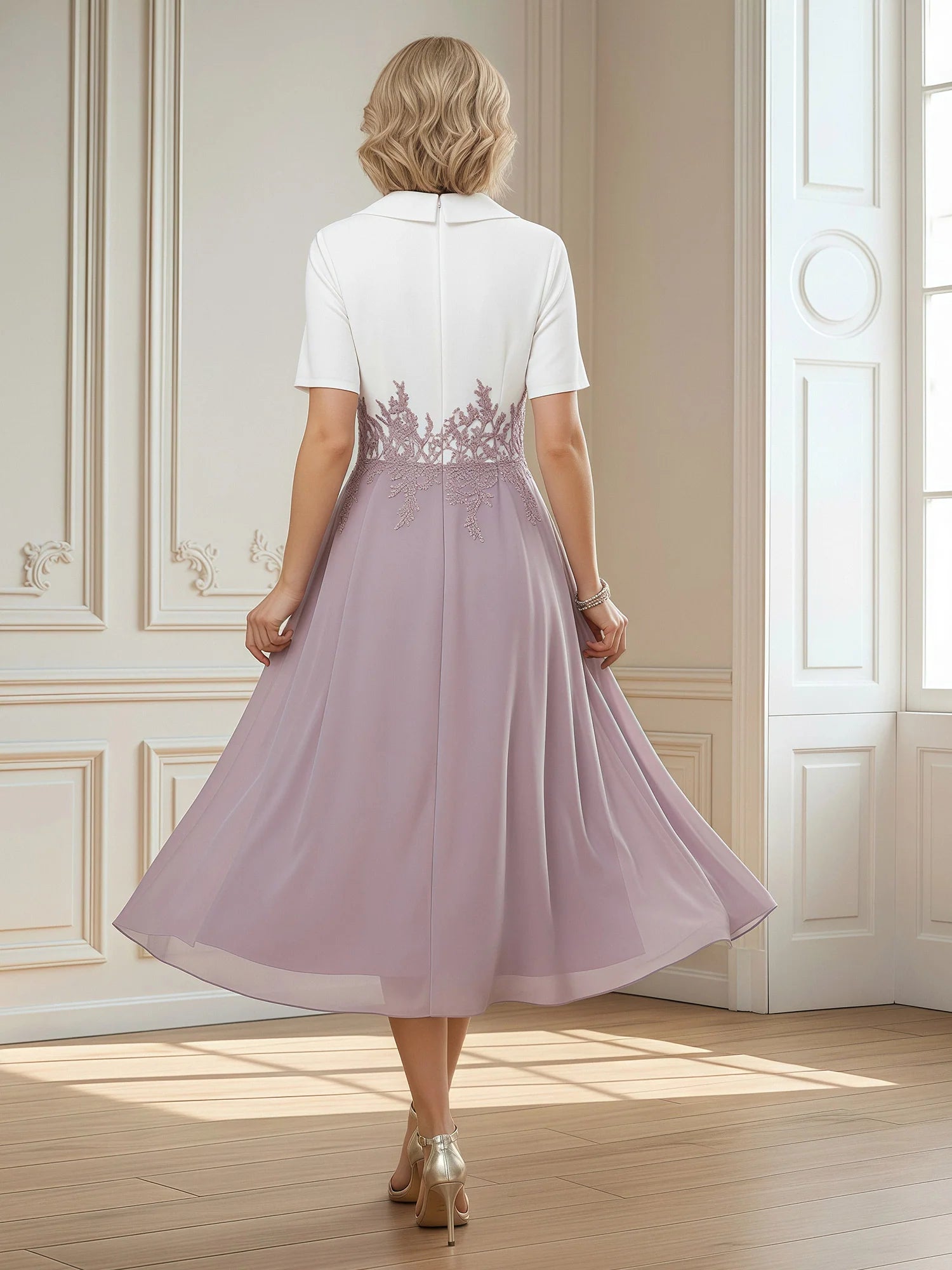 Elegant A-Line Lapel-V-Neck Short-Sleeve Chiffon Midi Lace-Waist Mother of the Bride Dress