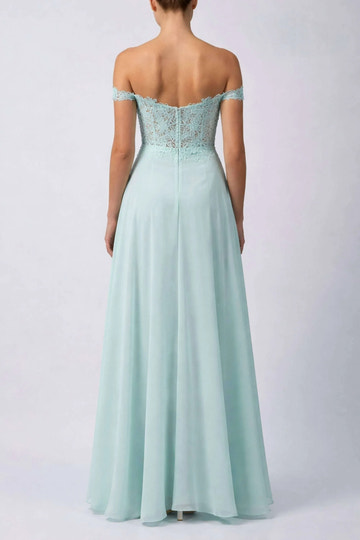 A-Line Off Shoulder Short Sleeve Chiffon Lace Formal Gown Prom Dress