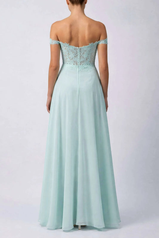 A-Line Off Shoulder Short Sleeve Chiffon Lace Formal Gown Prom Dress