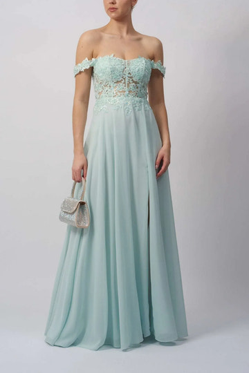 A-Line Off Shoulder Short Sleeve Chiffon Lace Formal Gown Prom Dress