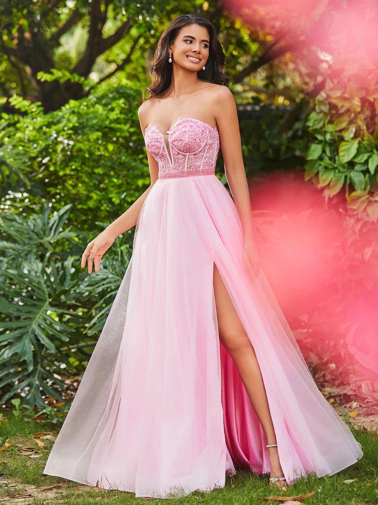 Elegant A-line Princess Sweetheart Strapless Tulle Lace Corset Side Slit Prom Dress