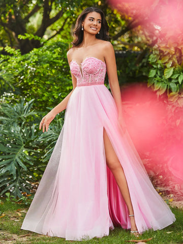 Elegant A-line Princess Sweetheart Strapless Tulle Lace Corset Side Slit Prom Dress
