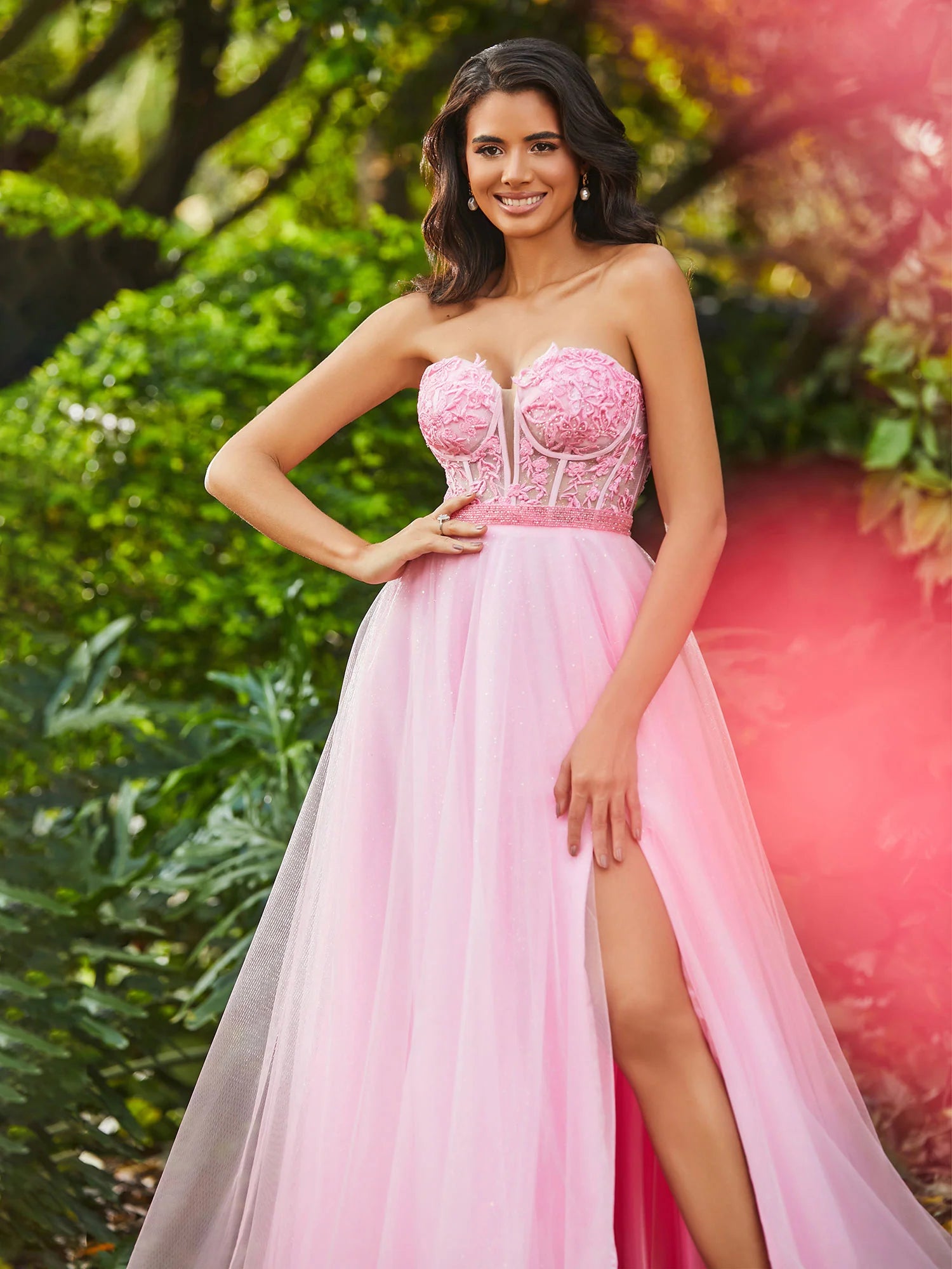 Elegant A-line Princess Sweetheart Strapless Tulle Lace Corset Side Slit Prom Dress