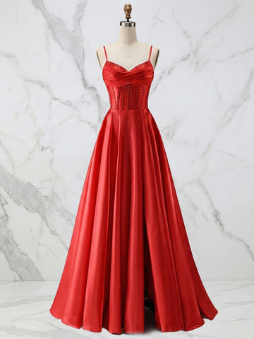 Elegant red A-line prom dress with sweetheart neckline and embellished bodice