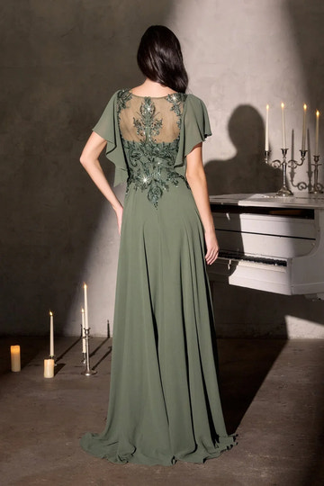 Elegant A-Line Round-Neck Cape-Sleeve Chiffon Floor-Length Beaded Mother-of-the-Bride Gown