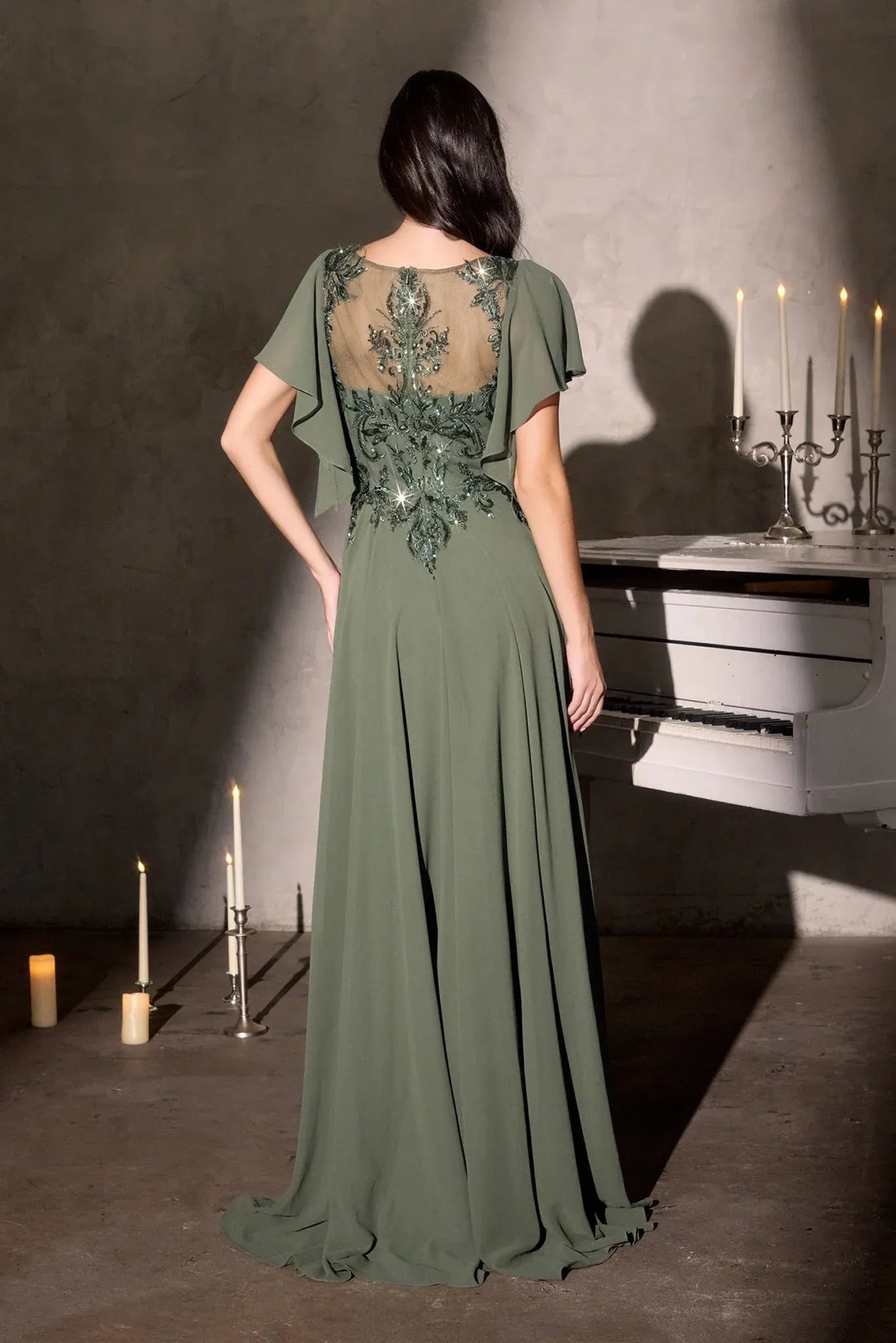 Elegant A-Line Round-Neck Cape-Sleeve Chiffon Floor-Length Beaded Mother-of-the-Bride Gown