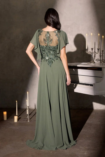 Elegant A-Line Round-Neck Cape-Sleeve Chiffon Floor-Length Beaded Mother-of-the-Bride Gown