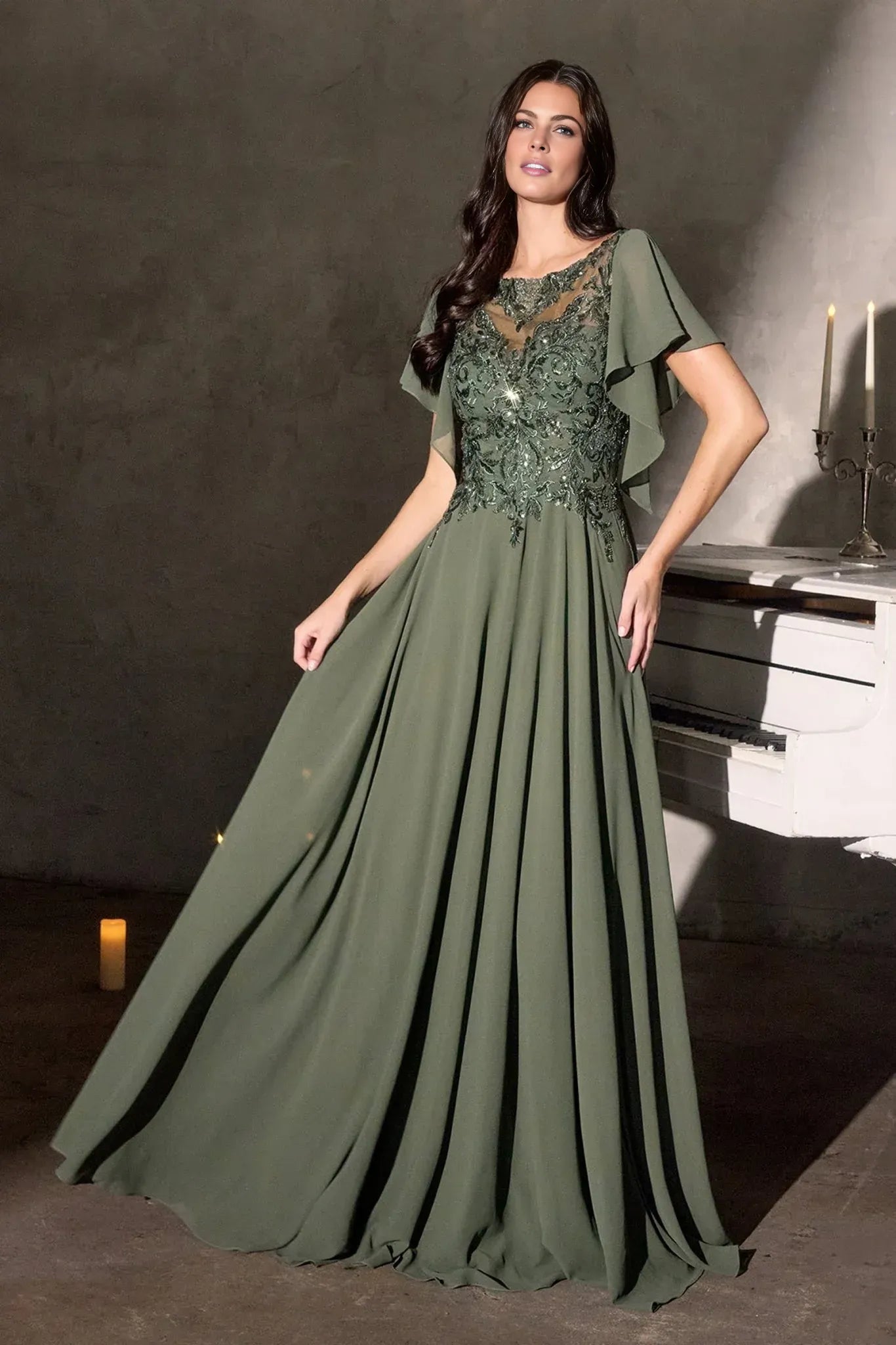 Elegant A-Line Round-Neck Cape-Sleeve Chiffon Floor-Length Beaded Mother-of-the-Bride Gown