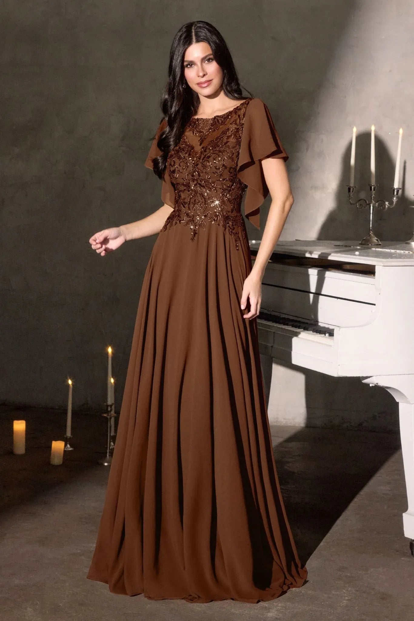 Elegant A-Line Round-Neck Cape-Sleeve Chiffon Floor-Length Beaded Mother-of-the-Bride Gown
