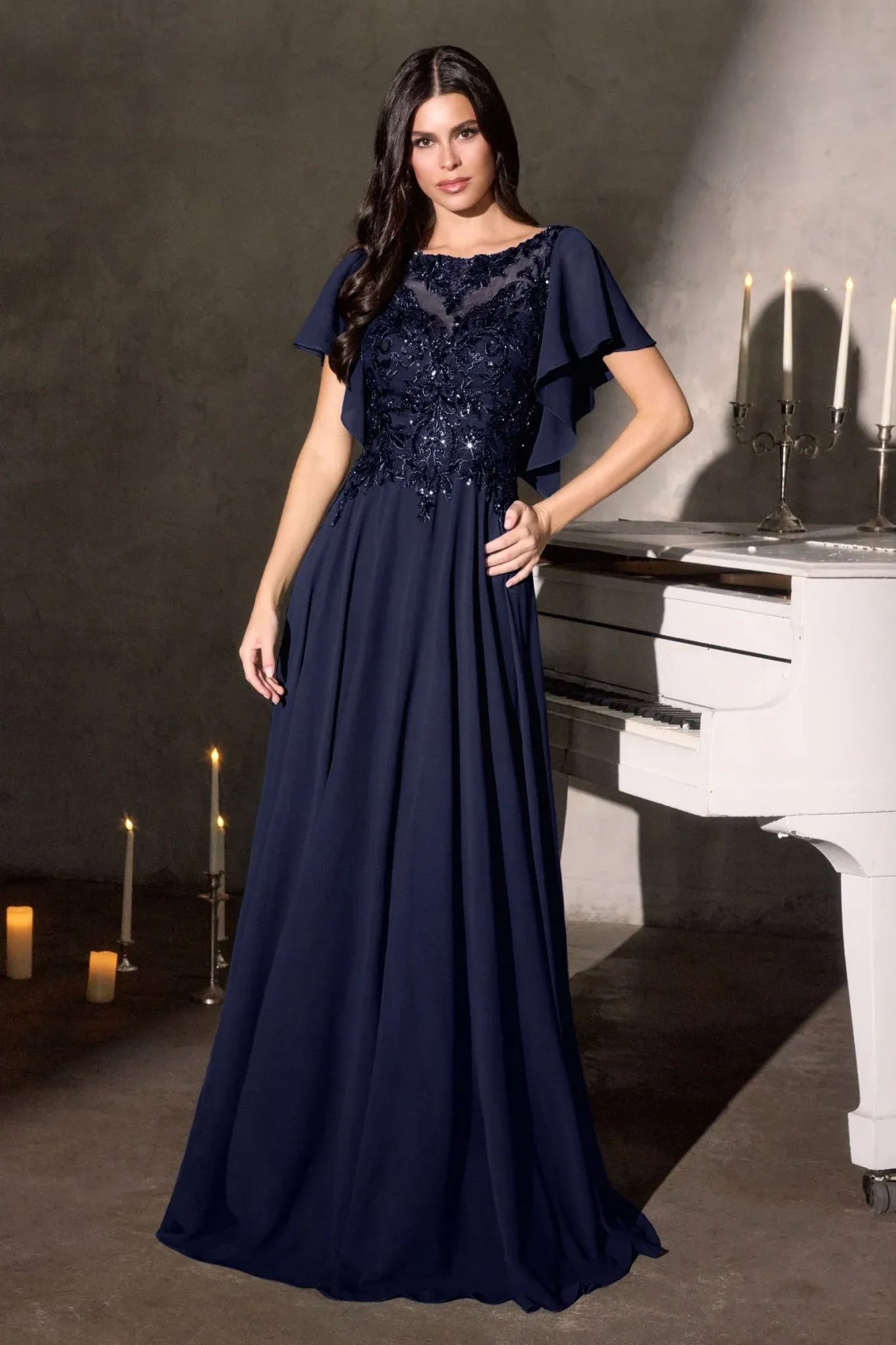Elegant A-Line Round-Neck Cape-Sleeve Chiffon Floor-Length Beaded Mother-of-the-Bride Gown