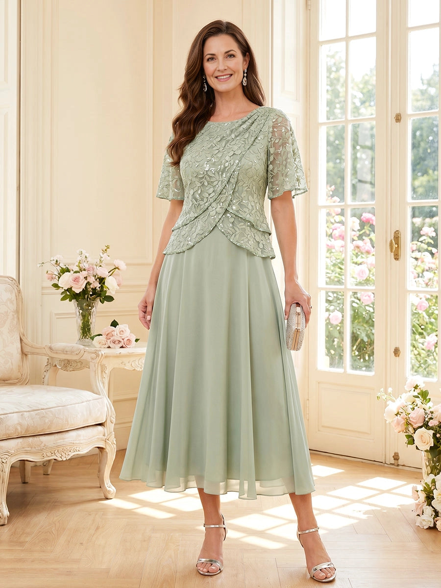 Sage green lace sequin tea‑length mother of the bride dress,elbow sleeve chiffon skirt vedress