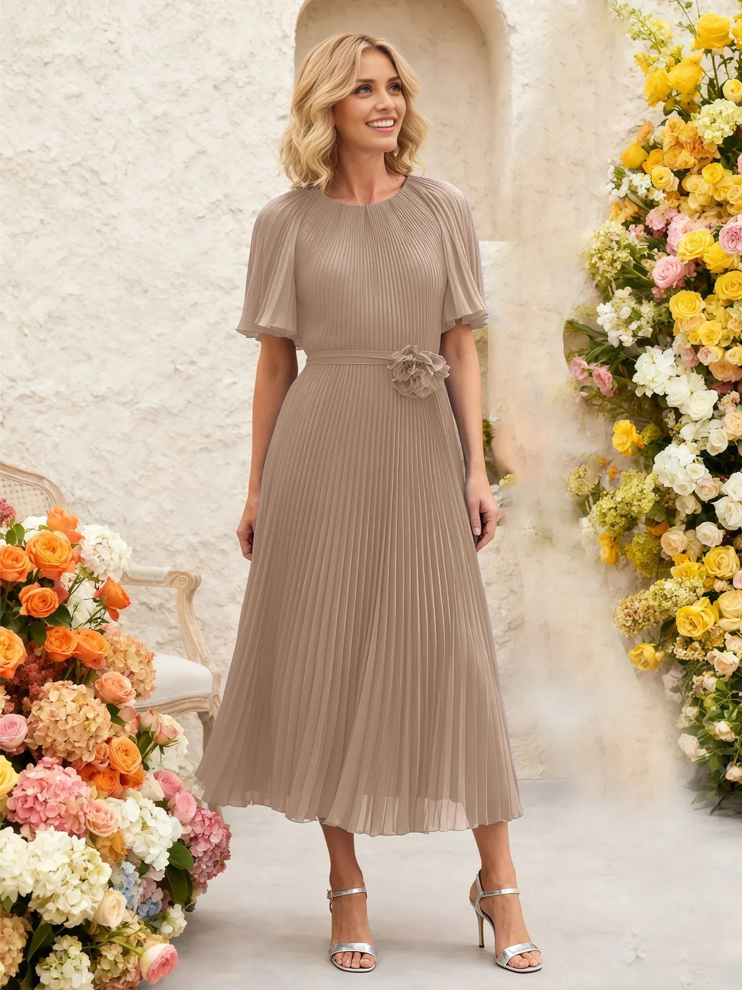 Elegant A-Line Round-Neck Flutter-Sleeve Pleated Chiffon Midi Mother of the Bride Dress with Floral Waist Detail