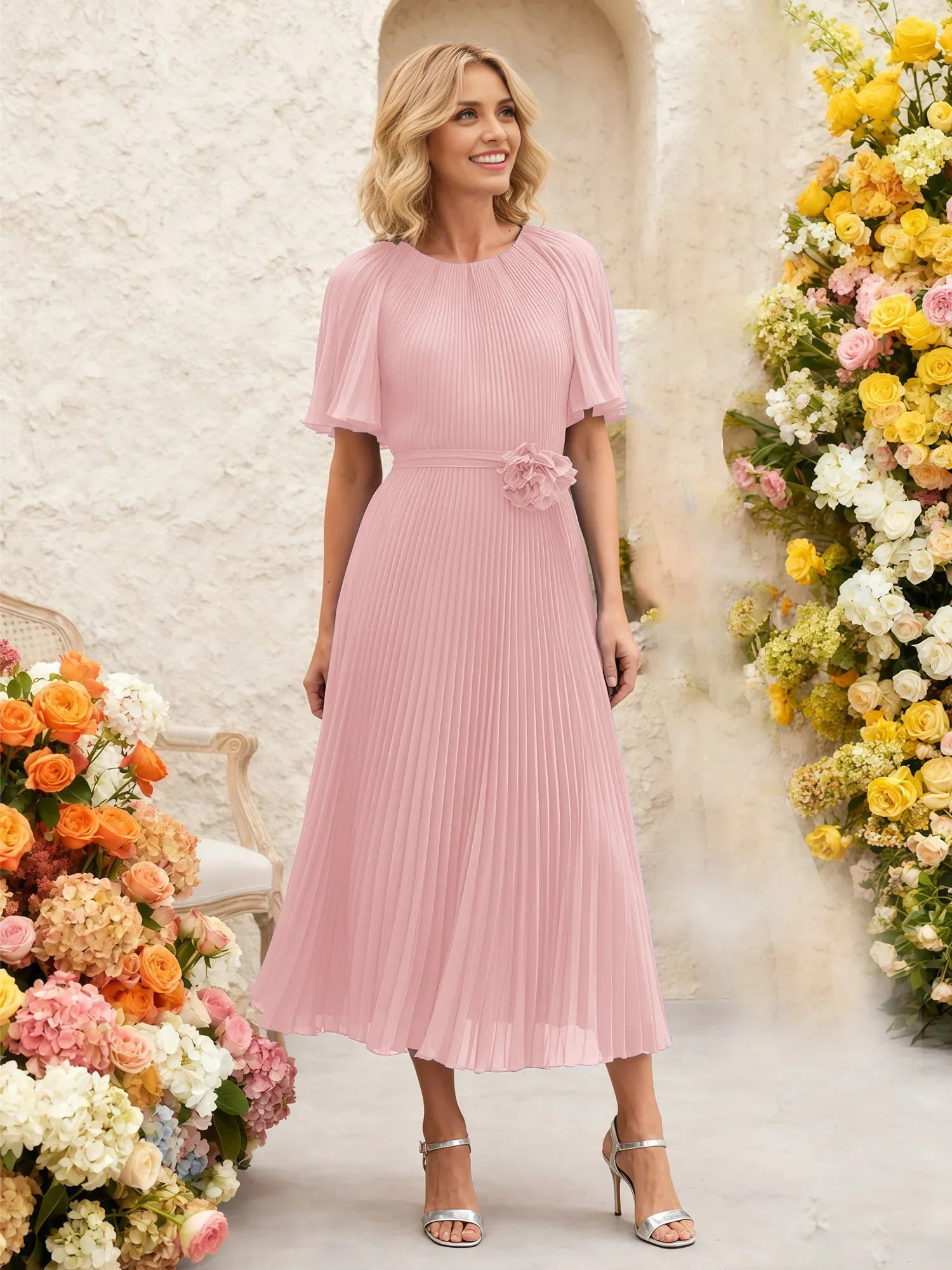 Elegant A-Line Round-Neck Flutter-Sleeve Pleated Chiffon Midi Mother of the Bride Dress with Floral Waist Detail