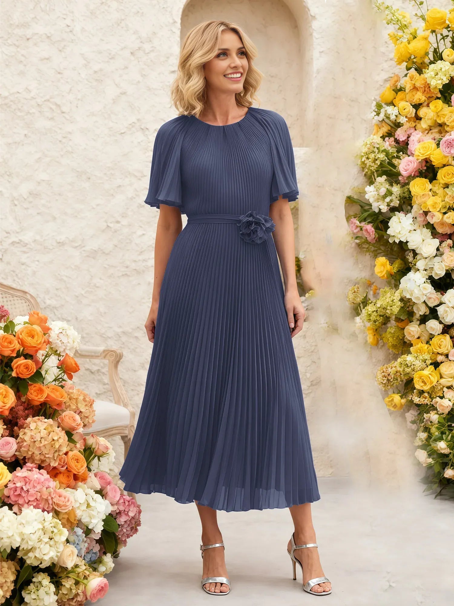 Elegant A-Line Round-Neck Flutter-Sleeve Pleated Chiffon Midi Mother of the Bride Dress with Floral Waist Detail