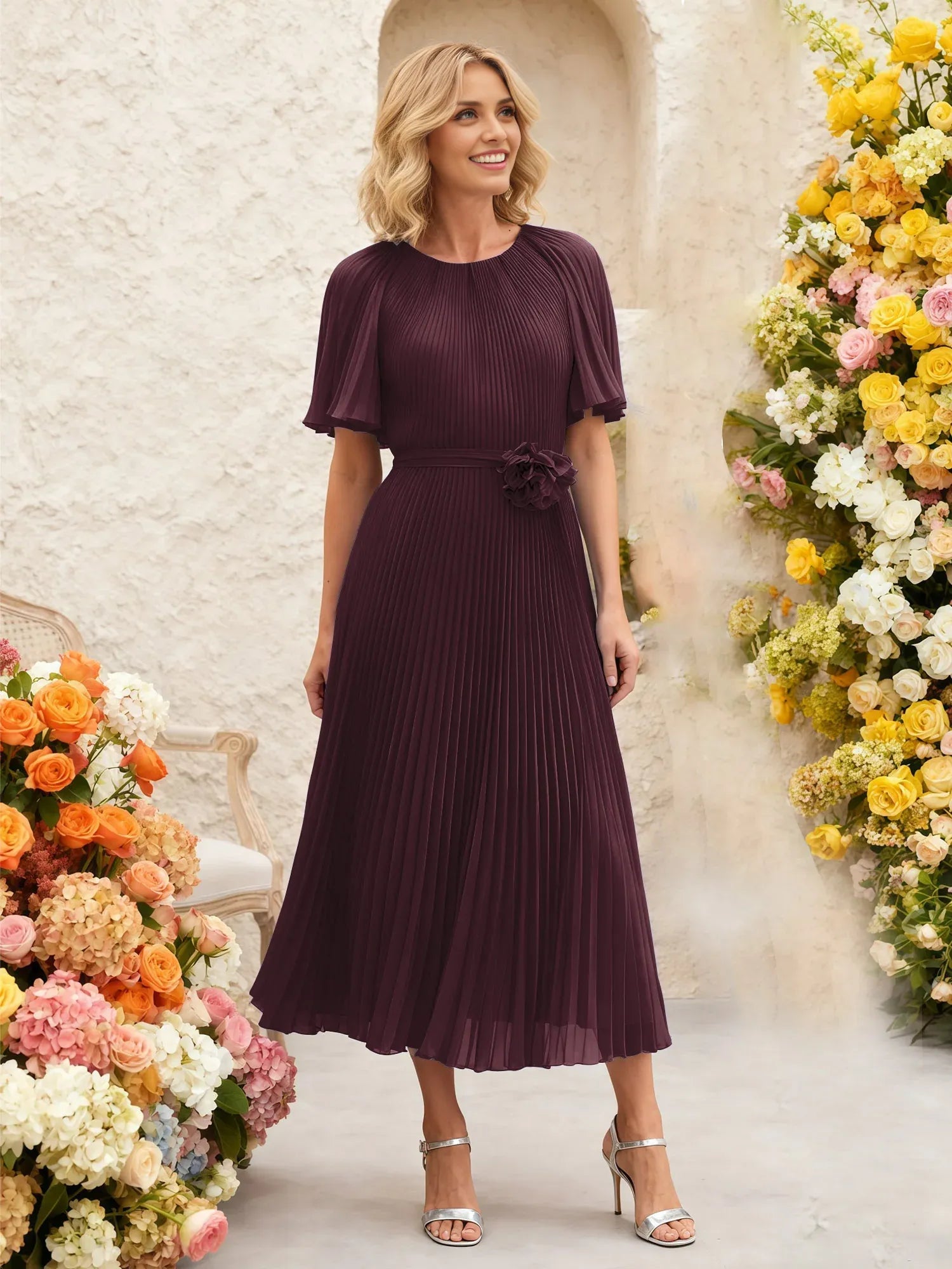 Elegant A-Line Round-Neck Flutter-Sleeve Pleated Chiffon Midi Mother of the Bride Dress with Floral Waist Detail