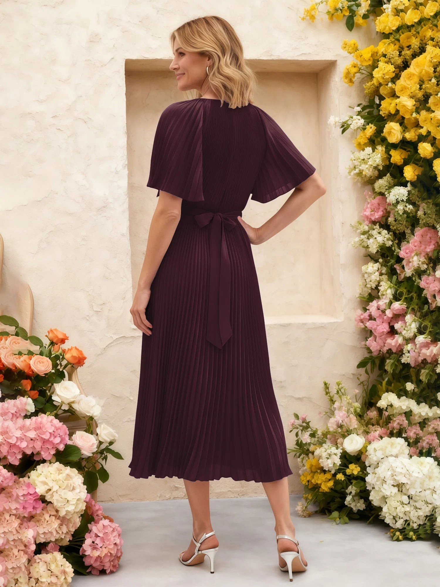 Elegant A-Line Round-Neck Flutter-Sleeve Pleated Chiffon Midi Mother of the Bride Dress with Floral Waist Detail
